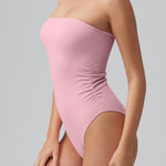 OQQ Womens Tube Bodysuits Strapless Basic Sleeveless Ruched Stretch Classic-Fit Tops Sexy Bodysuits Pink bean paste