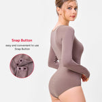 Nebility Long Sleeve Bodysuit for Women Tummy Control Crew Neck Body Suits Tops Slim Fit (Purple Brown, X-Large)