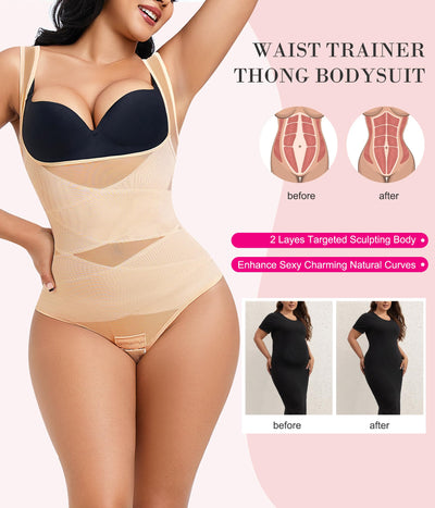 Nebility Thong Shapewear Bodysuit for Women Tummy Control Body Shaper Faja Seamless Waist Trainer Corset Stomach Girdles(Small,Beige Thong)