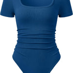 OQQ Women Bodysuits Ruched Short Sleeve Square Neck Stretch Lounge Travel Bodysuits