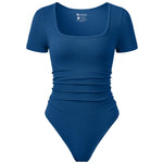 OQQ Women Bodysuits Ruched Short Sleeve Square Neck Stretch Lounge Travel Bodysuits Deep blue
