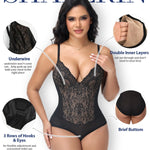 SHAPERIN Sexy Lace Bodysuit for Women Shapewear Tummy Control Corset Bodysuit Thong Body Suit Shaper Black S