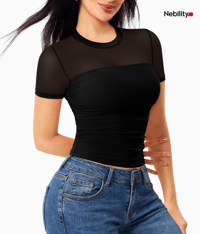 Nebility Womens Mesh Sheer Tops Short Sleeve Tee Crewneck Crop Top Going Out Date Outfits Fashion Clothes 2026（XX-Large,Black）