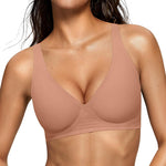 OEAK Womens Deep V Bras Wireless Comfortable Bra Supportive No Underwire Bras Tshirt Push Up Bralettes Plunge Seamless Bra Latte 3XL