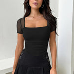 OQQ Women Short Sleeve Bodysuit Square Neck Tummy Control Shapewear Mesh Ruched One Piece Leotard Shirts Going Out Tops Black