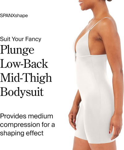SPANX SPANXshape Suit Your Fancy Plunge Low-Back Mid-Thigh Bodysuit - Comfortable One Piece - Medium Compression - Seamless