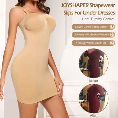 JOYSHAPER Strapless Shapewear Slip for Women Tummy Control Body Shaper Under Dress Full Slip Lingerie Beige L
