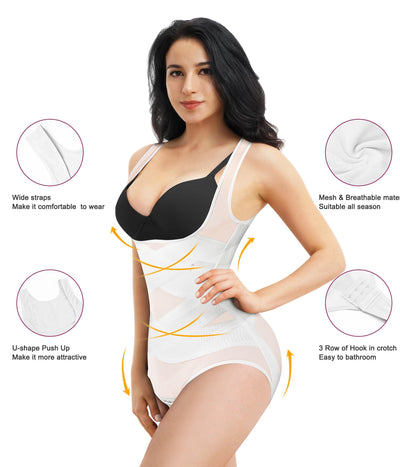 REYEOGO Shapewear Bodysuit for Women Tummy Control Butt Lifter Panty Hi-Waist Trainer Stomach Body Shaper Slimming Girdles(White,3X-Large)