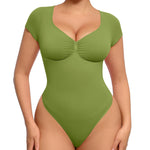FeelinGirl Seamless Shapewear Bodysuit V Neck Short Sleeve Thong Body Suit for Going Out Green Bodysuit Women Tummy Control Olive Green S