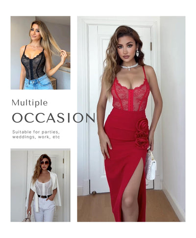SHAPELLX Lace Bodysuit for Women Tummy Control Shapewear Body Suits One Piece Body Shaper Thongs Red XS