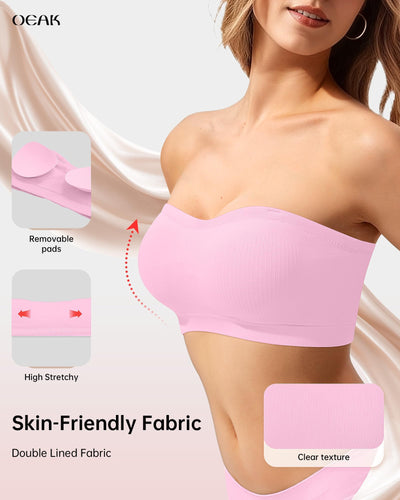 OEAK Supportive Strapless Bras for Women Push Up Wireless Bandeau Bra Non Slip Seamless Bras Comfortable Padded Bralette Sweet Pink M
