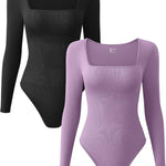 OQQ Women's 2 Piece Bodysuits Sexy Ribbed One Piece Square Neck Long Sleeve Tops