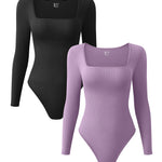 OQQ Women's 2 Piece Bodysuits Sexy Ribbed One Piece Square Neck Long Sleeve Tops Black Taro purple