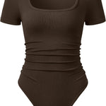 OQQ Women Bodysuits Ruched Short Sleeve Square Neck Stretch Lounge Travel Bodysuits