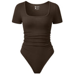 OQQ Women Bodysuits Ruched Short Sleeve Square Neck Stretch Lounge Travel Bodysuits Darkbrown