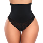 Werena Women Shapewear Tummy Control Thong Underwear High Waisted Body Shaper Panties Lace Shaping Girdle Thongs(Black, Medium)