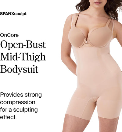 SPANX SPANXsculpt OnCore Open-Bust Mid-Thigh Bodysuit - Powerful Compression Body Shaper - Comfy Shapewear