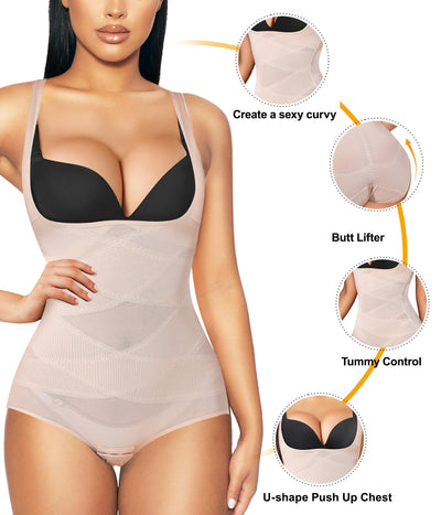 REYEOGO Shapewear Bodysuit for Women Tummy Control Butt Lifter Panty Hi-Waist Trainer Stomach Body Shaper Slimming Girdles(Beige, Small)