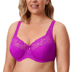 DELIMIRA Women's Plus Size Full Coverage Underwire Unlined Minimizer Lace Bra Yan Purple red 36E