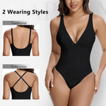 SHAPERIN Women's Deep V Neck Shapewear Bodysuit Double Lined Plunge Low Back Tummy Control Thong Backless Body Shaper