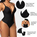SHAPERIN Women's Lace Trimmed Deep V Neck Bodysuit Plunge Tummy Control Shapewear Thong Body Suits Cami Tank Corset Tops