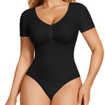 BRABIC Short Sleeve Shapewear Bodysuit for Women Tummy Control V Neck Backless Seamless Body Shaper(Black, Medium)