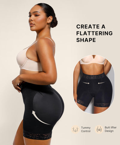 SHAPELLX Butt Lifting Shapewear For Women Tummy Control Faja Shaping Shorts Thigh Slimming Panties Mid Waisted Shaper (Black,Medium)