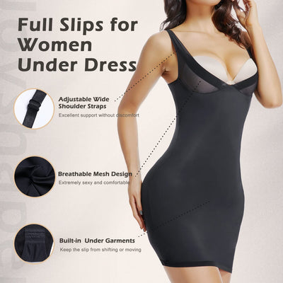 JOYSHAPER Adjustable Slip Dress for Women Tummy Control Body Shaper Shapewear Full Slips for Under Dresses Black (With Gusset) L