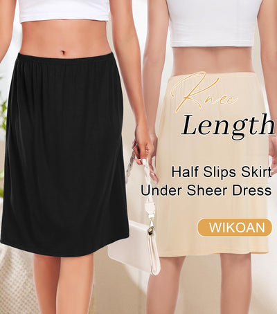 Wikoan 2 Pcs Women's Half Slips for Under Dresses Soft Modal Underskirt Short Slip Skirt Anti-Static Petticoat,Black & Nude,M