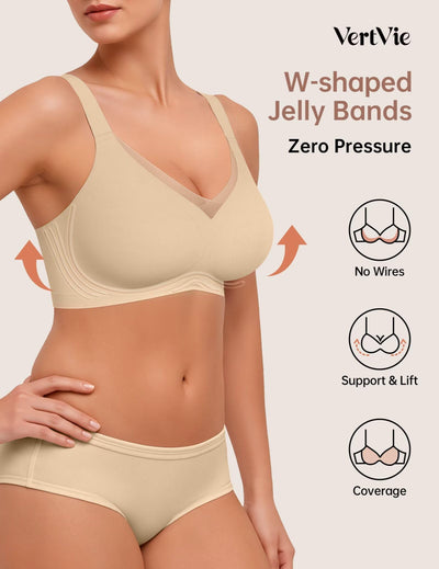 Vertvie Wireless Bras Women Seamless Jelly Supportive Mesh Crossover Bra No Underwire Push Up Full Coverage T-Shirt Bralette(Semolina,Large)