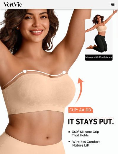 Vertvie Strapless Bra Wireless Non-Slip Push Up Bandeau Bras for Women Full Support Tube Tops Padded Bralette S-Large Breasts(Nude,Large)