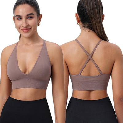 Evercute Women's Sports Bras 3/4 Pack Adjustable Deep V Neck Bras Wireless Spaghetti Strap Criss Cross Padded Low Support Bra