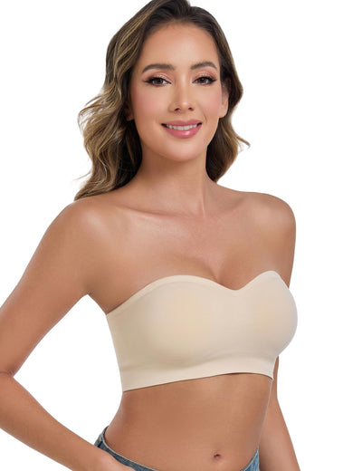 ANGOOL Strapless Bras for Women Wirefree Non-Slip Tube Top Invisible Bralette Seamless Padded Bandeau Bra, Beige, L
