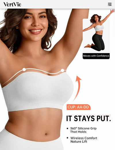 Vertvie Strapless Bra Wireless Non-Slip Push Up Bandeau Bras for Women Full Support Tube Tops Padded Bralette S-Large Breasts(White,Large)