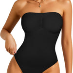 Irisnaya Strapless Shapewear Bodysuit for Women Tummy Control Thong Back | Detachable straps and clear neckline grips offer versatile styling. Breathable stretch fabric is comfortable for layering.