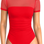 OQQ Women Short Sleeve Bodysuit Tummy Control Shapewear Mesh One Piece Leotard Shirts Going Out Tops