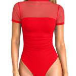 OQQ Women Short Sleeve Bodysuit Tummy Control Shapewear Mesh One Piece Leotard Shirts Going Out Tops Red