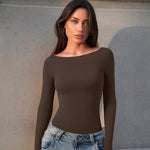 OQQ Bodysuits for Women Boatneck Long Sleeve Basic Stretch Classic-Fit Tops Sexy Bodysuit Darkbrown