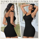 ONEW Shapewear Slips For Under Dress Deep V Neck Tummy Control Full Slip Adjustable Strap Seamless Body Shaper For Women,Black,Medium