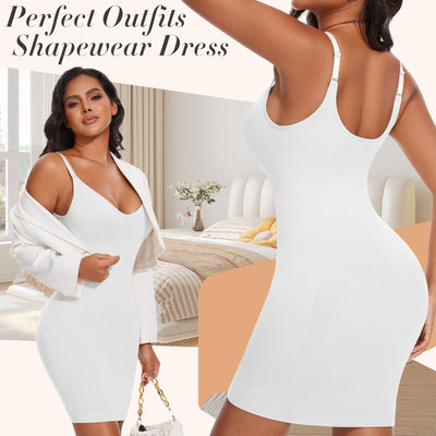 Betaven Shapewear Dress for Women V-Neck Full Slip Dress Seamless Body Shaper Under Dresses Tummy Control Dress,White,Medium