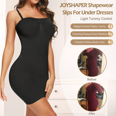 JOYSHAPER Strapless Shapewear Slip for Women Tummy Control Body Shaper Under Dress Full Slip Lingerie Black L