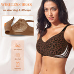 Seamless Jelly Padded Bras for Women No Underwire Full Coverage Supportive Push Up Gel Bra Wireless Low Cut Soft Bralettes(A1#Leopard Coffee(v Neck),X-Large