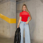 OQQ Women Short Sleeve Bodysuit Tummy Control Shapewear Mesh One Piece Leotard Shirts Going Out Tops Red
