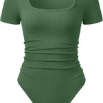 OQQ Women Bodysuits Ruched Short Sleeve Square Neck Stretch Lounge Travel Bodysuits