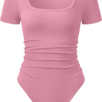 OQQ Women Bodysuits Ruched Short Sleeve Square Neck Stretch Lounge Travel Bodysuits