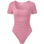 OQQ Women Bodysuits Ruched Short Sleeve Square Neck Stretch Lounge Travel Bodysuits Dusty pink