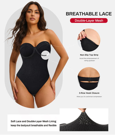 Nebility Strapless Shapewear Bodysuit for Women - Thong Body Suits Tummy Control Tube Top Underwire Lace Corset with Removable Strap