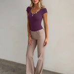 OQQ Women Bodysuit Short Cap Sleeves Tummy Control One Piece Going Out Tops Deeppurple
