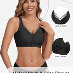 Gailife V Lace Front Closure Bras for Women Wireless Seamless Mastectomy Bralettes Soft No Underwire T Shirt Bra, Black, L