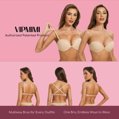 Women's Strapless Bra Push Up-Non Slip Invisible Underwire Low Back Multiway Support Padded Plunge Bra for Comfort Lift(Nude, 34B)